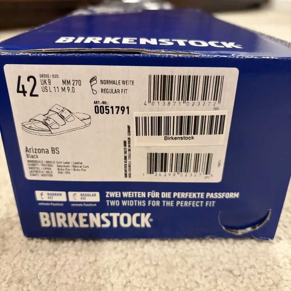 NIB Birkenstock Arizona Birko-Flor Sandals Black EU 42/women 11/men 9 Reg Fit